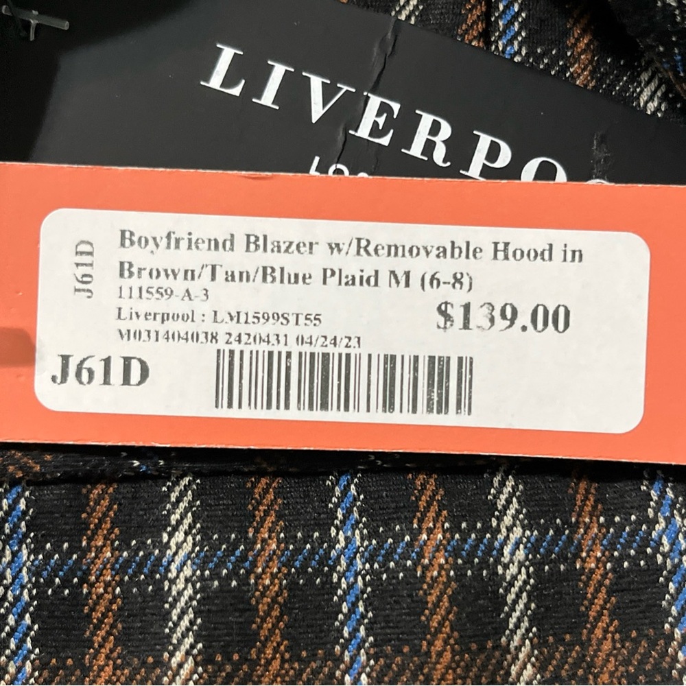 LIVERPOOL Women M Blazer Jacket Removable Hoodie Brown Tan Blue Plaid New Defect - Picture 16 of 16